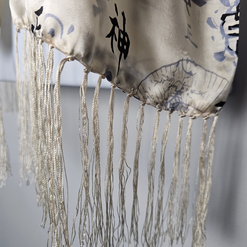 Silk Scarf Unisex Cream Black Calligraphy Fan Print Fringe Wrap Neutral Academia - Picture 3 of 9